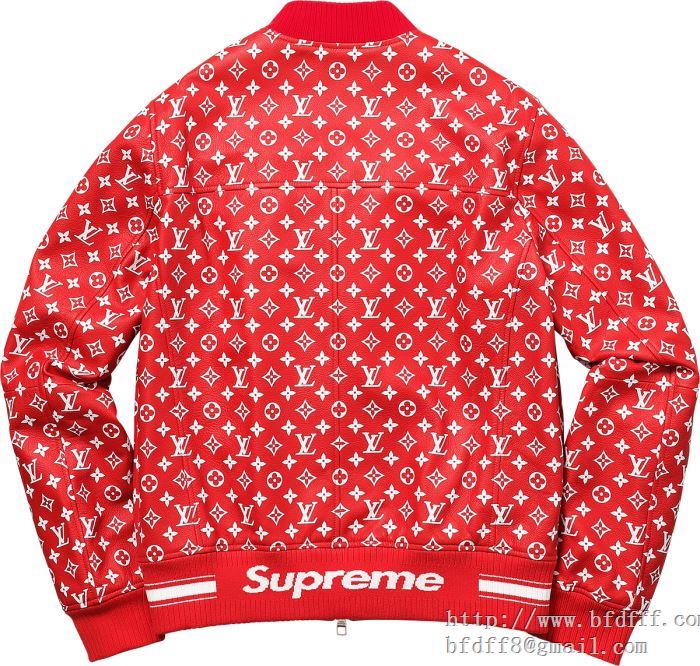 大人気美品！Louis vuitton x supreme 17ssシュプリーム ジャケット偽物【leather baseball jacket】×louis vuitton メンズコート 赤色