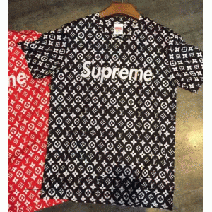 夏に人気定番なSupreme、シュプリーム  偽物のLV図案のレッドとブラックの2色メンズ半袖Tシャツ.