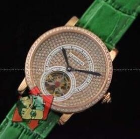 【激安】高級品通販Cartierカルティエ時計スーパーコピー　ダイヤモンド付き　レディースウォッチ　クオーツ時計　グリーンレザーベルト　ゴルード