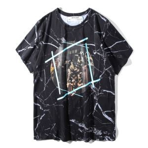 HOT最新作 オフホワイトマーブル柄 半袖Tシャツ OFF-WHITE 宗教柄丸首プリントＴシャツ２色可選