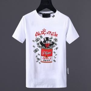 New Soup  Ｔシャツ フィリッププレイン ホワイト クルーネック PHILIPP PLEIN 前面にプリント ラインストーンの裝飾 半袖 ストレートヘム