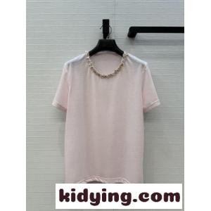 シャネル スーパーコピー Tシャツ コピー ビジューネック コットンリネン 半袖Tシャツ ピンクkid26Ci0jia