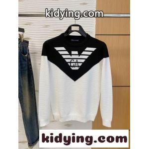 アルマーニ ブランド コピー セーター 偽物 バイカラー イーグルロゴ クルーネックニット ホワイトkid26zK5bSv