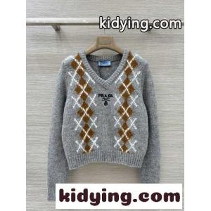 ウール＆カシミヤ アーガイル Vネック ニット プラダ ブランド コピー セーター 偽物 グレーkid26Obququ