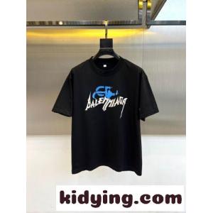 おしゃれ プリント バレンシアガ コピー Tシャツ 偽物 クルーネック コットン ブラックkid26K1nOfC