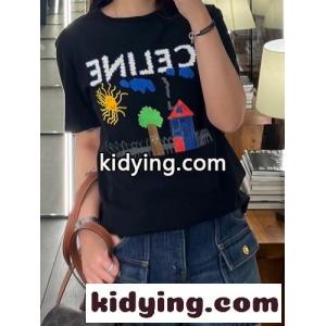 可愛い プリント ルーズTシャツ セリーヌ スーパーコピー Tシャツ コピー コットン ブラックkid269bu4XD