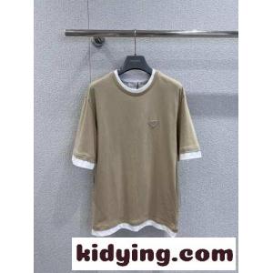 おしゃれ レイヤード風 クルーネック 半袖Tシャツ プラダ コピーブランド Tシャツ コピー ユニセックス カーキkid26SneyWD