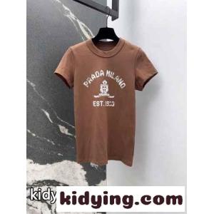 プリント入り コットン 半袖Tシャツ プラダ スーパーコピー Tシャツ コピー クルーネック ブラウンkid261zi8Tr
