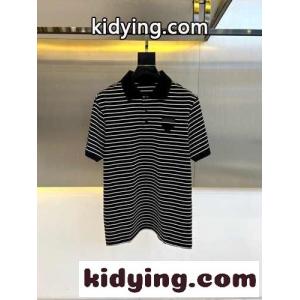 カジュアル ボーダー柄 半袖 ポロシャツ プラダ コピー Tシャツ コピー コットンピケ ブラックkid26uKfuiC