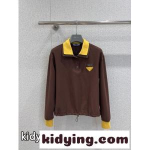 上品 カジュアル 配色 プラダ ブランド コピー Tシャツ 偽物 長袖ポロシャツ ブラウンkid26eu8PHj