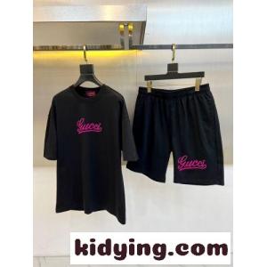 クルーネック 半袖Tシャツ ショートパンツ 上下セット グッチ コピー セットアップ 偽物 ブラックkid2601Di8v