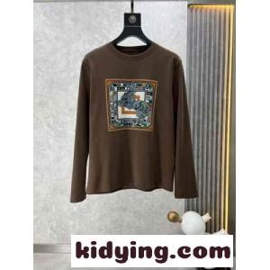ベーシック プリント クルーネック 長袖Tシャツ エルメス ブランド コピー Tシャツ コピー ブラウンkid26jKTHPD