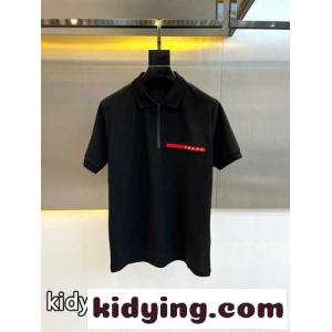 カジュアル ロゴ入り コットンピケ ポロシャツ プラダ ブランド コピー 半袖Tシャツ コピー ブラックkid261zGD4v