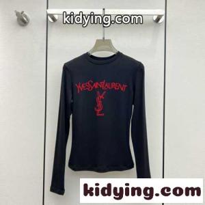 シンプル ロゴプリント イヴ・サンローラン コピー Tシャツ コピー ロングスリーブ ブラックkid26aCODWv