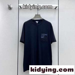 男女兼用 人気 アナグラム 刺繍入り ロエベ コピーブランド Tシャツ コピー コットン 半袖 ブラックkid26095Dyi