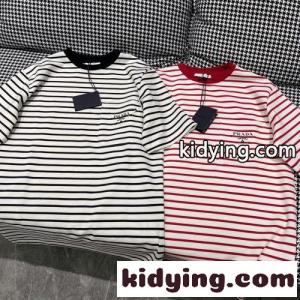 三角ロゴ ストライプ 半袖Tシャツ プラダ スーパーコピー Tシャツ コピー クルーネック カジュアル 合わせやすいkid269baWby