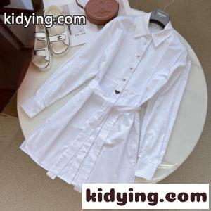 定番 人気 長袖 シャツワンピース プラダ スーパーコピー ワンピース コピー ベルト付 コットン ホワイトkid26W5Daam