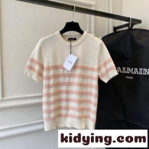 スウィート おしゃれ ストライプ ラウンドネック バルマン コピー ニット コピー 半袖 トップスkid26fWvi4v
