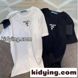 スウィート おしゃれ レース 切り替え クルーネックプラダ スーパーコピー 半袖tシャツ コピー ロゴ トップスkid26CeCyqe