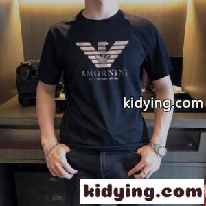 シルケット加工 柔らかい 快適 春夏 クルーネック アルマーニ コピーブランド tシャツ コピー 半袖 メンズ ロゴ トップス ホワイト ブラックkid265zeKbu