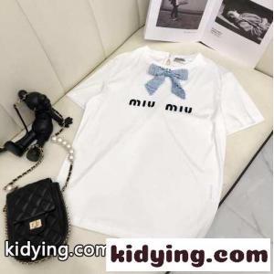 ベーシック 可愛い ロゴ プリント リボン クルーネック ミュウミュウ コピー 半袖tシャツ コピー 春夏 レディース トップスkid26aCC8bC