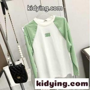 おしゃれ 重ね着風 クールネック 切り替え ミュウミュウ コピー 長袖tシャツ コピー ストライプ プリント スタイリッシュkid26iaKnmi