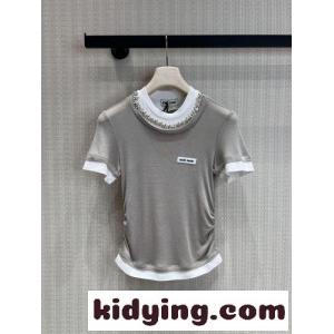 ビジューネック レイヤード風 半袖Tシャツ ミュウミュウ ブランド コピー Tシャツ 偽物 グレージュkid26Kfy0PD
