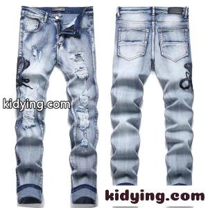 アミリ コピー ダメージ加工 デニムパンツ ライトブルー クラッシュ加工 AMIRI 刺繍kidying2619THry