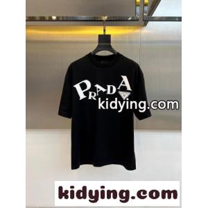 シンプル ロゴプリント 半袖Tシャツ プラダ コピー Tシャツ 偽物 クルーネック ブラックkid265bGjKz