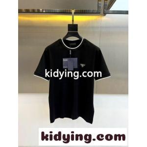 カジュアル パイピング クルーネック 半袖Tシャツ プラダ スーパーコピー Tシャツ 偽物 ブラックkid26fumm4D
