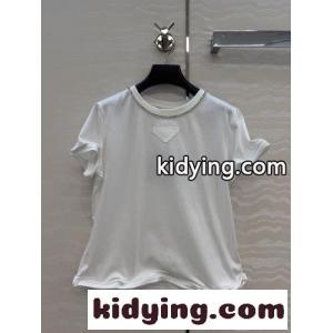 シンプル ビジュー装飾 半袖Tシャツプラダ コピー Tシャツ 偽物 コットン ホワイトkid26n4XLza
