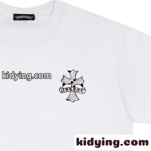 クロムハーツ コピー コピー クルーネック 半袖Tシャツ ホワイト ブラック クロスデザイン チェック調プリント Chrome hearts コピーkidying26qqCiua