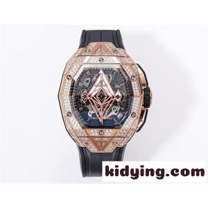 ローズゴールド調 腕時計 hublot コピー ビジュー装飾ベゼル ウブロ コピー コピー スケルトン文字盤 ブラックラバーベルトkidying26u85L1D