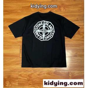 ブラック バックロゴTシャツ Stone Island コンパスプリント ストーンアイランド コピー 半袖 クルーネック オーバーサイズ風kidying26u49PHn