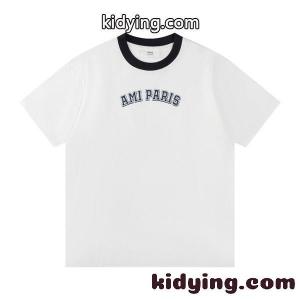 ホワイト リンガーTシャツ AMI PARIS 胸元ロゴ アミパリス コピー ブラックリブ 半袖 クルーネックkidying264bSX9b