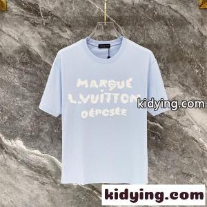 ライトブルー 半袖Tシャツ Louis vuitton スーパーコピー フロント英字ロゴ ルイヴィトン スーパーコピー コピー ふわふわ文字プリント クルーネックkidying26TTDWDy