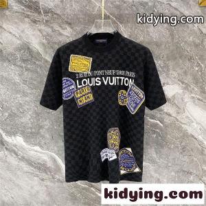 ブラック 半袖ニットTシャツ Louis vuitton スーパーコピー ダミエ調総柄 ルイヴィトン スーパーコピー コピー マルチパッチ刺繍 クルーネック ロゴデザインkidying260zWPfm