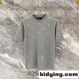 グレー 半袖ニットTシャツ Louis vuitton コピー LV総柄 ルイヴィトン コピー コピー ワンポイントロゴ クルーネック リブ襟kidying26Oz8jee