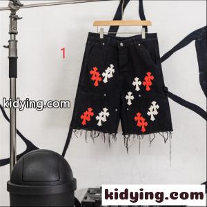 ブラックデニム ショートパンツ Chrome hearts ブランド コピー クロスパッチ装飾 クロムハーツ ブランド コピー コピー カットオフ裾 レッドホワイト ワイドポケットkidying26PLf81j
