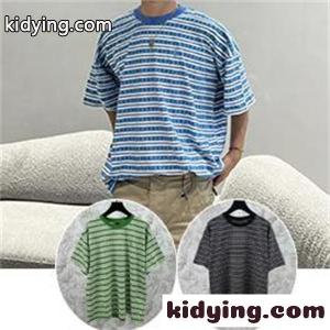 ブルー ホワイト ボーダー半袖Tシャツ クルーネック 細ピッチライン ゆったりシルエット カジュアルトップスkidying26CeOrqq