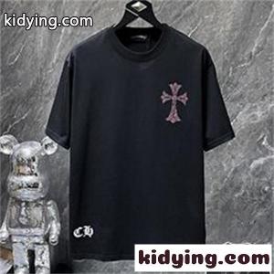 ブラック 半袖Tシャツ Chrome hearts コピーブランド クロムハーツ コピーブランド コピー ピンククロス刺繍風 胸元ワンポイント クルーネック ゆったりシルエットkidying26aGPTPf