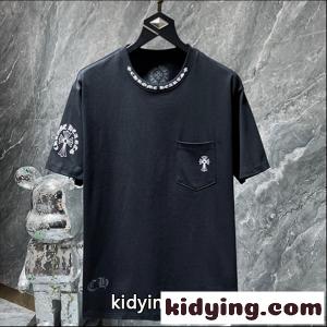 チャコールブラック ポケットTシャツ Chrome hearts スーパーコピー クロムハーツ スーパーコピー コピー ホワイトクロス刺繍風 袖ロゴ入り 半袖カットソーkidying26eiKLfy