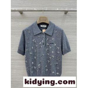 ビジュー付き ニット ポロシャツ ミュウミュウ コピーブランド ニット コピー ウール グレーkid26f8Xrie