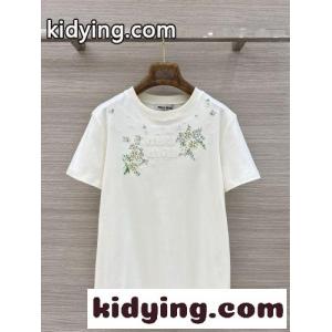 フラワー刺繍 クルーネックTシャツ ミュウミュウ ブランド コピー Tシャツ コピー ホワイトkid26eq4veq