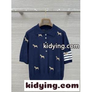 遊び心あふれる 刺繍入り 半袖ニット トムブラウン ブランド コピー ニット コピー ネイビーkid265v0HTv