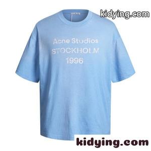 ACNE STUDIOS アクネストゥディオズ 2026 STOCKHOLM ロゴプリント アイスブルー 半袖Tシャツ ウォッシュ加工 ルーズフィット クルーネック カットソー メンズ レディースkidying26Cma4Tr