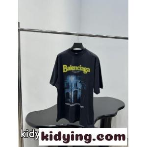 ユニセックス プリント クルーネック 半袖Tシャツ バレンシアガ ブランド コピー Tシャツ 偽物kid26PDyeqa