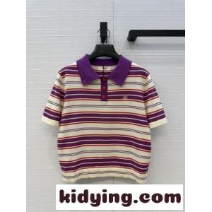 セリーヌ ブランド コピー ニット 偽物 リネン＆テンセル マルチボーダー 半袖ニット ポロシャツkid26T55bCy
