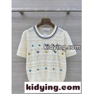 透かし編み 刺繍入り 半袖ニット クリスチャン・ディオール コピーブランド ニット 偽物 アイボリーkid260PvuWn