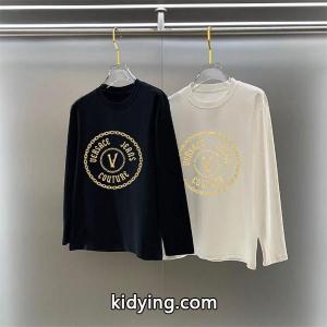 ヴェルサーチ ブランド コピー versace ブランド コピー コピー 2026秋冬インディスペンサブル 伝統 ブラック × ホワイト ゴールド V 柄 長袖Tシャツkidying26PjaqSv